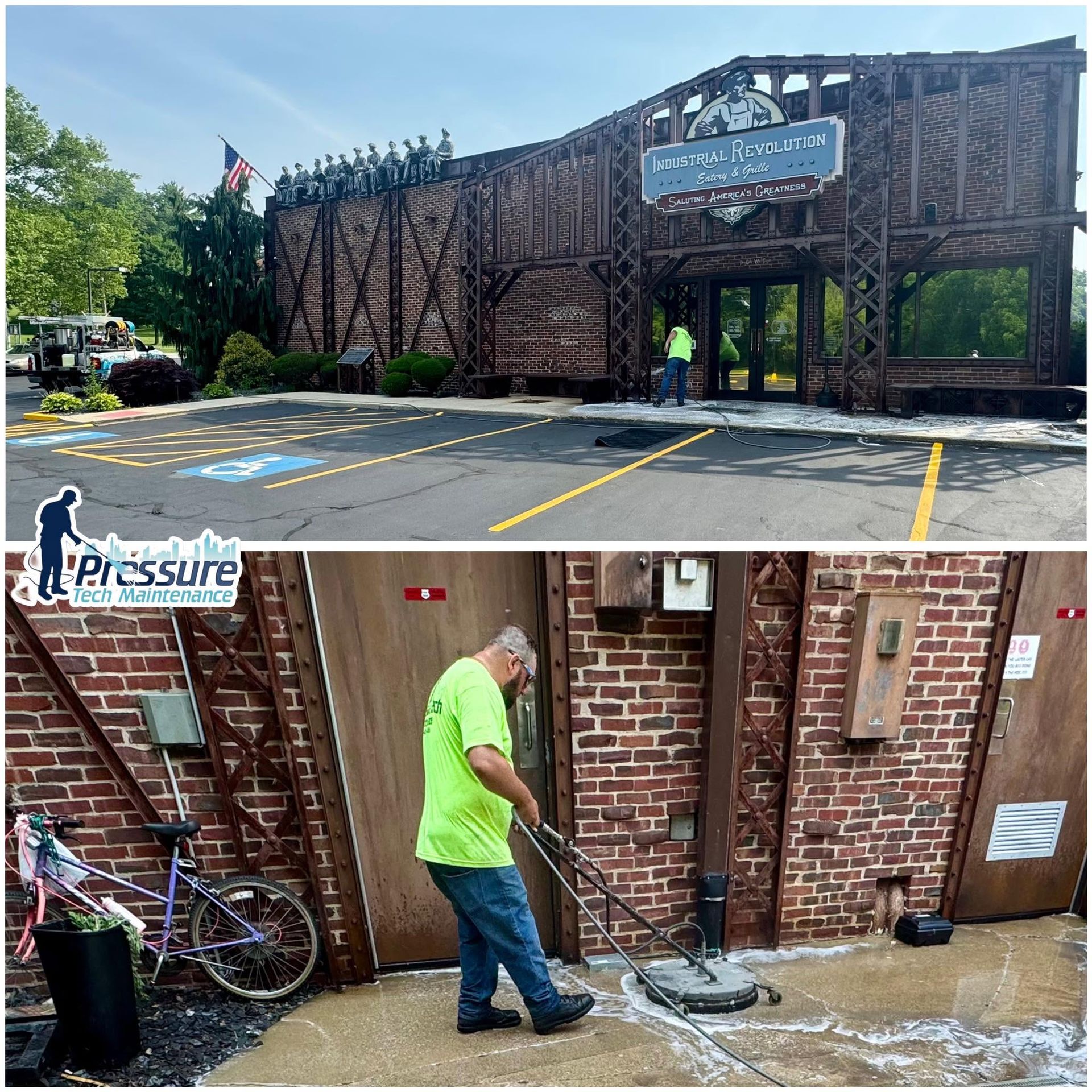 Two photos: rustic wooden building exterior and worker pressure-washing a brick walkway