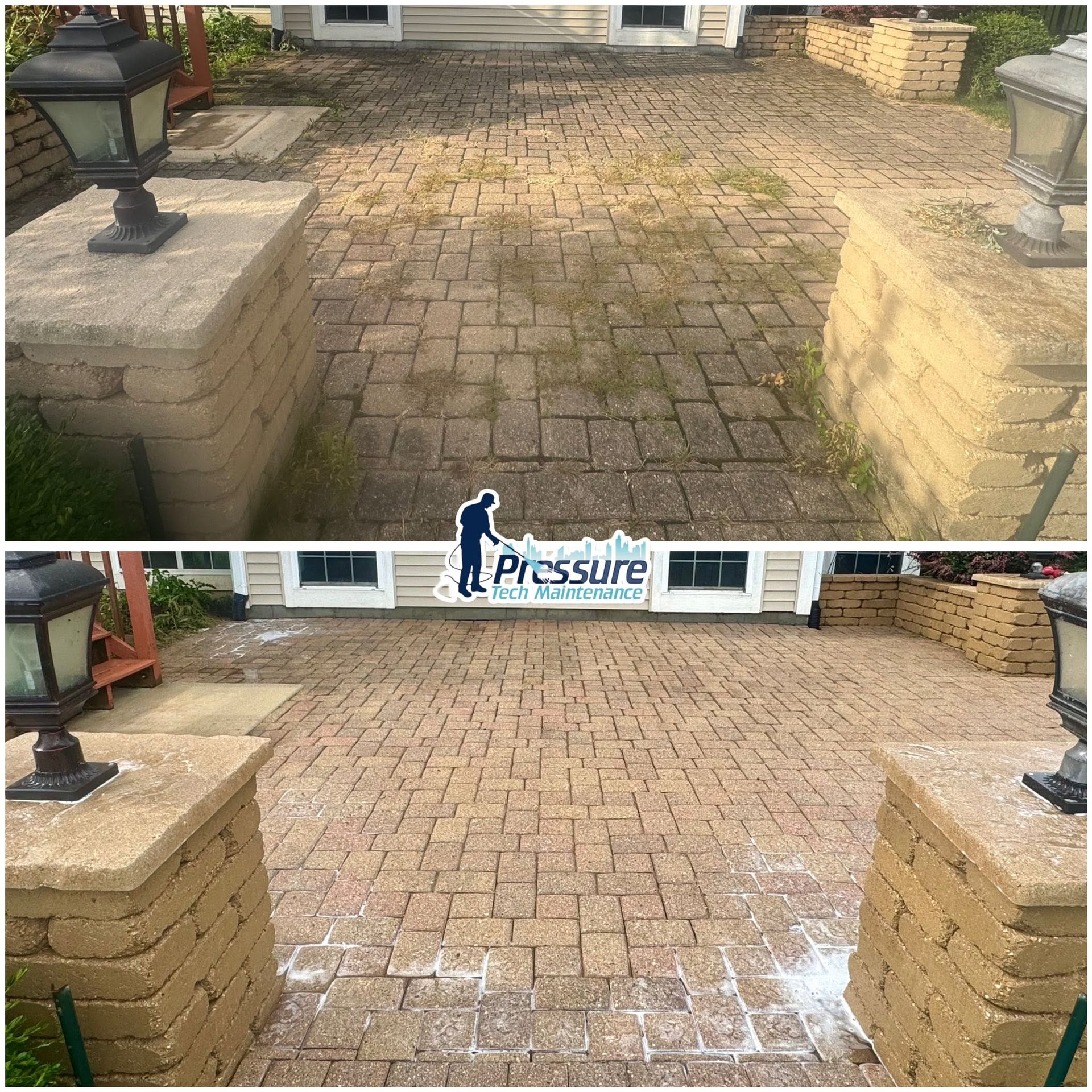 Before-and-after view of a brick patio being pressure washed, with a cleaner section in the lower image.