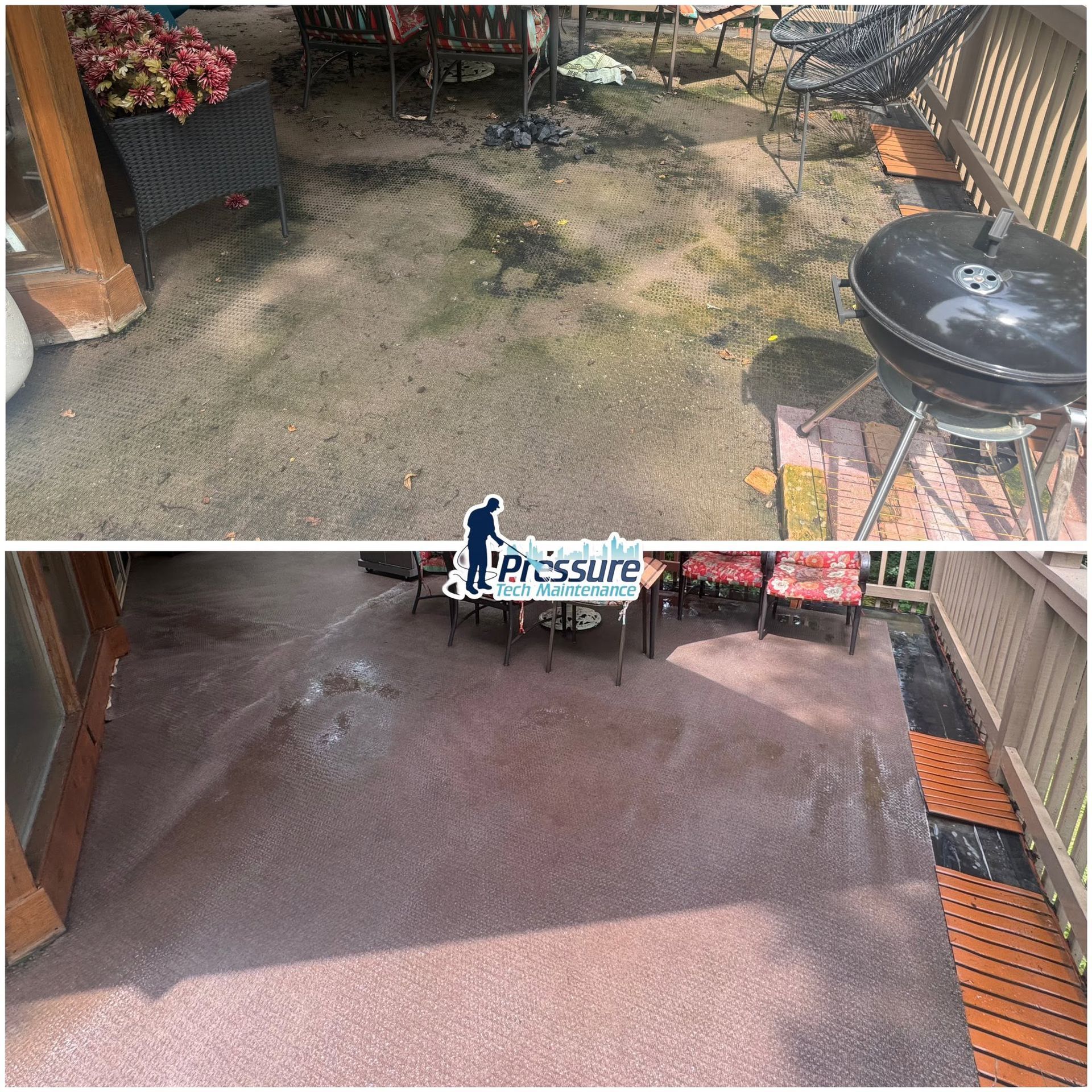 Before-and-after patio pressure washing, with dirty concrete on top and cleaned surface below.