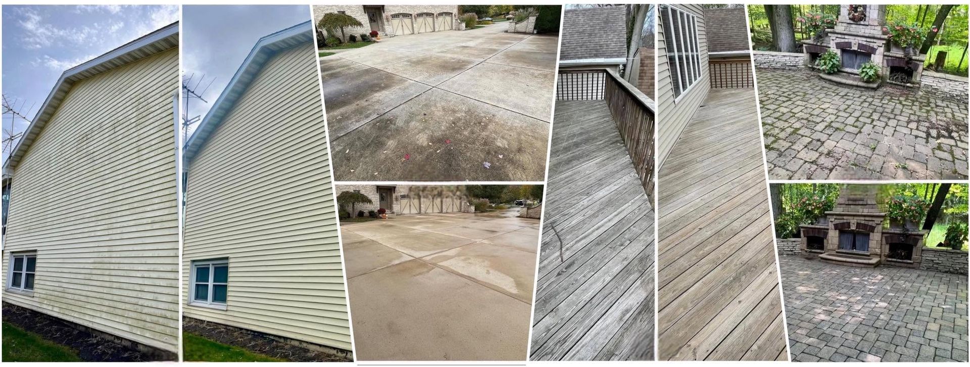 Collage of a white house with wavy siding and cracked concrete driveway, plus brick steps and a patio with plants