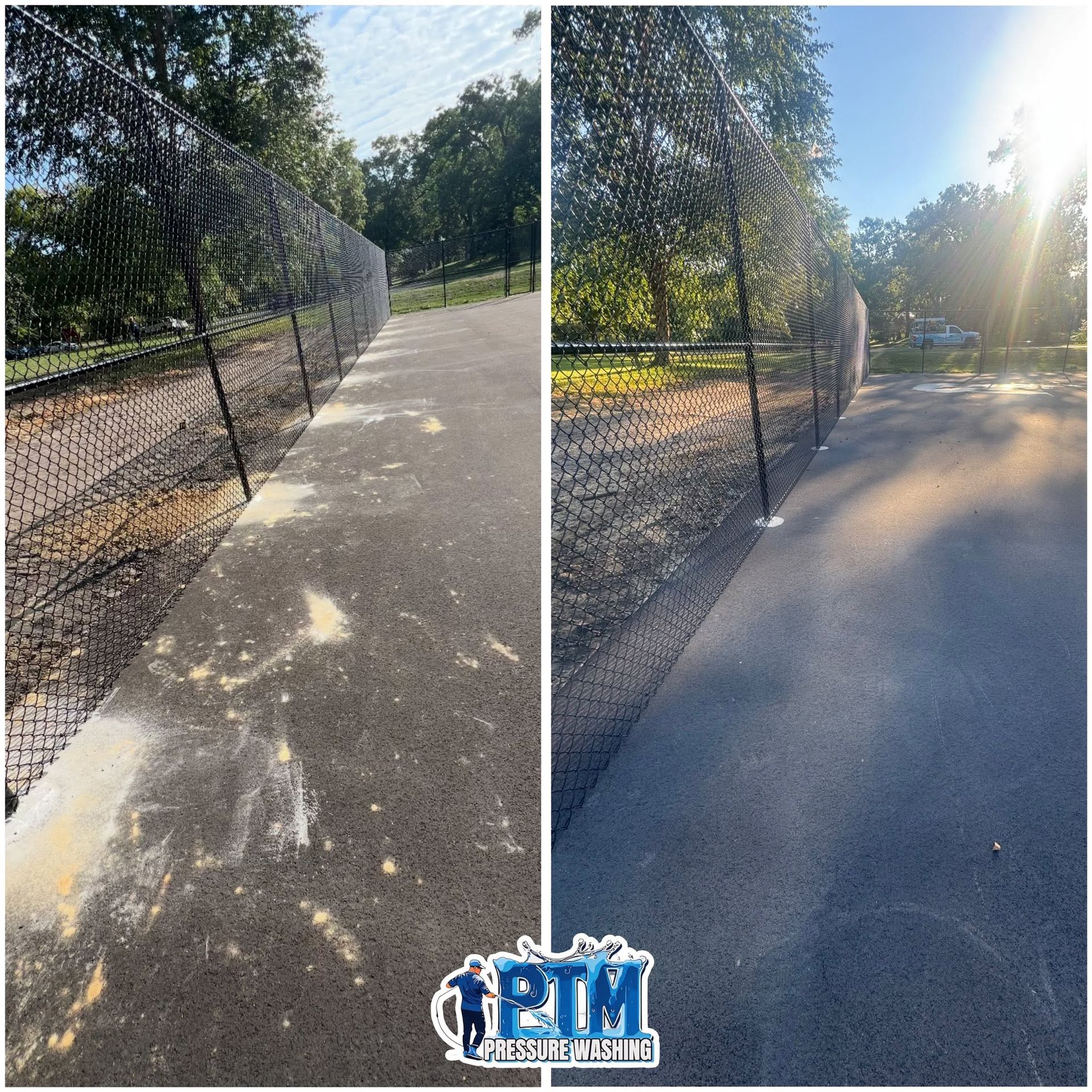 Sunlit park path beside chain-link fence and trees, shown in two side-by-side views.