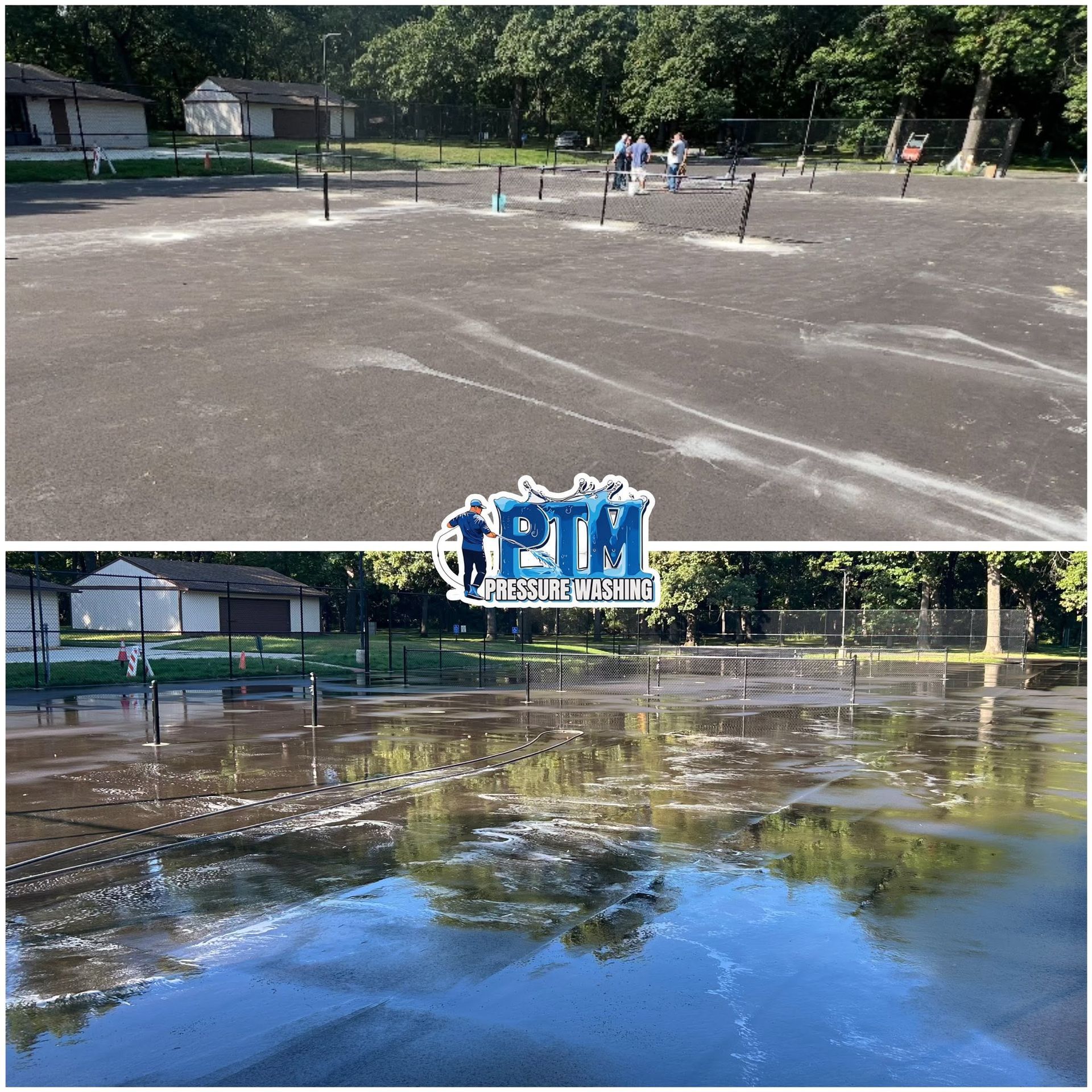 Flooded basketball court with reflected trees and a hoop under a blue sky