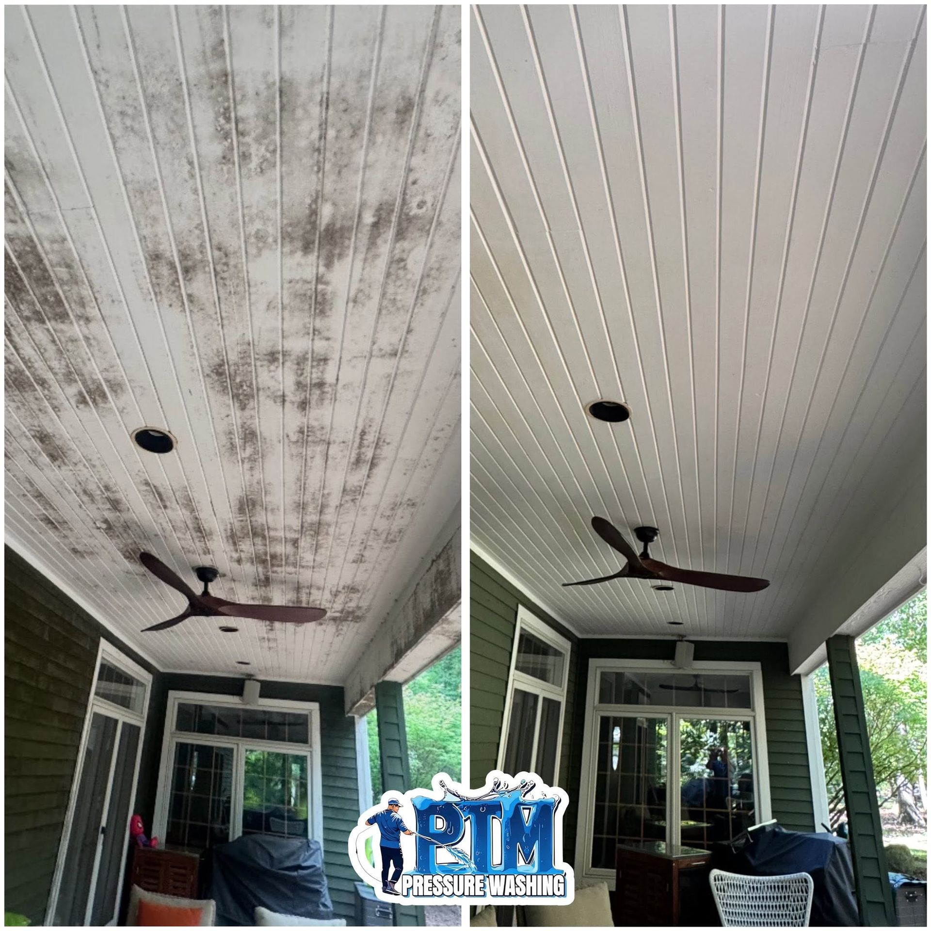 Porch ceiling before-and-after: stained white panels cleaned to bright white, with fan and lights intact.