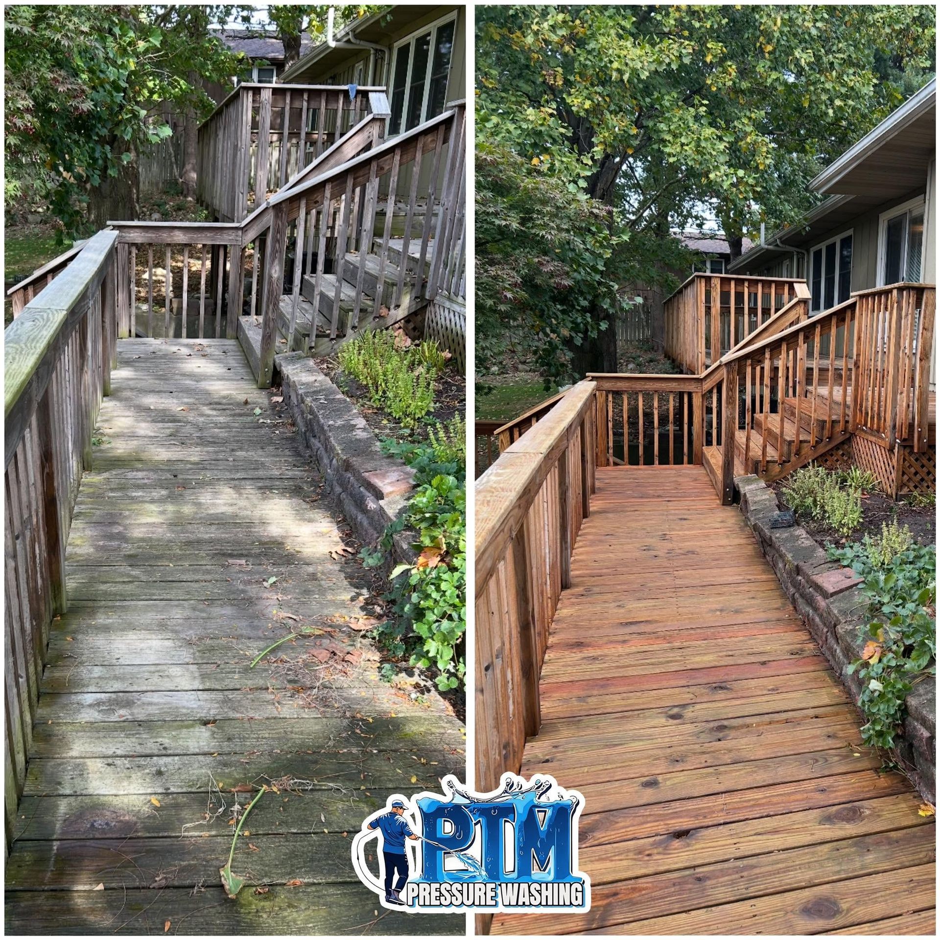 Wooden deck walkway before-and-after: weathered gray on the left, newly stained warm brown on the right.