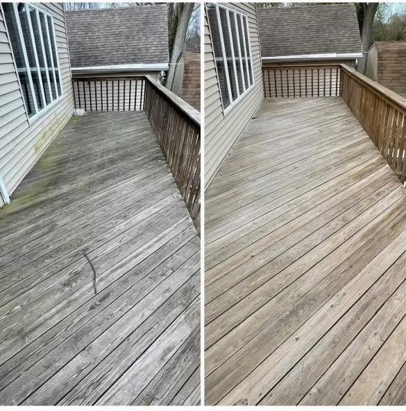 Weathered wooden deck before-and-after cleaning, showing gray boards beside restored light wood.