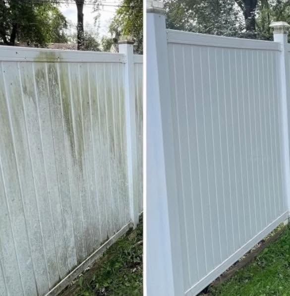 White vinyl fence before and after cleaning, showing stained panels beside a clean restored section