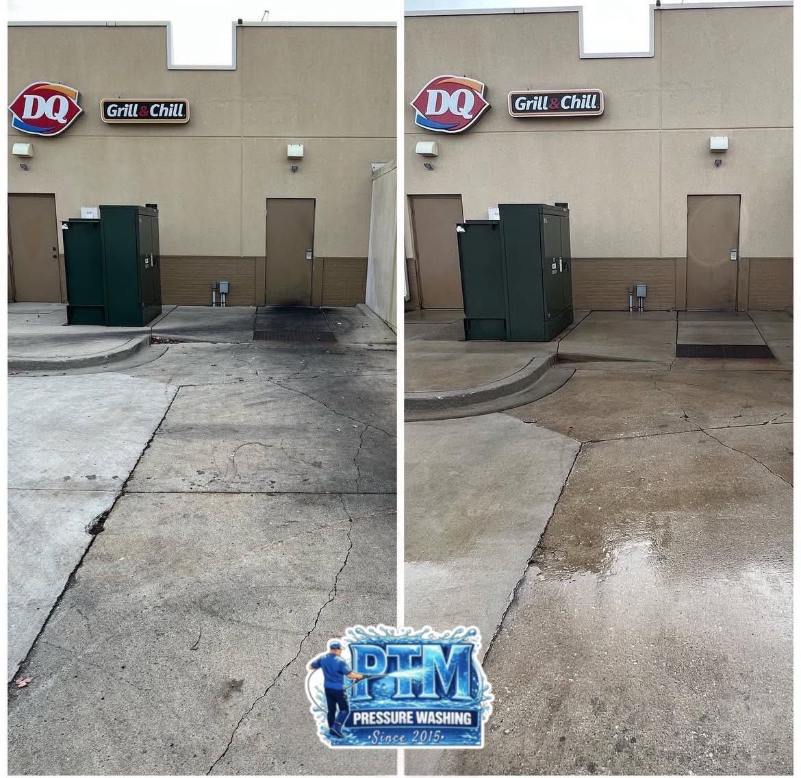 Before-and-after view of a Dairy Queen storefront sidewalk, showing repaired pavement and curb ramp.