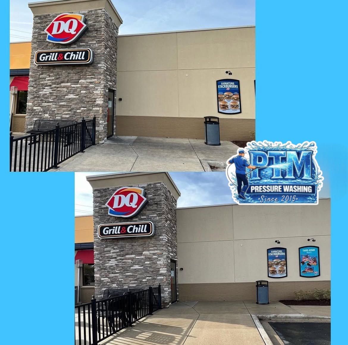 Before-and-after exterior of a Dairy Queen Grill & Chill storefront with cleaned tan walls and stone entrance.