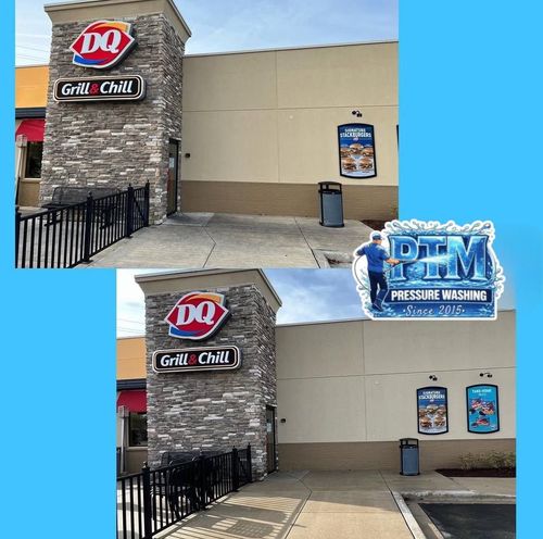 Before-and-after view of a Dairy Queen Grill & Chill storefront with a cleaned tan wall and stone entrance.