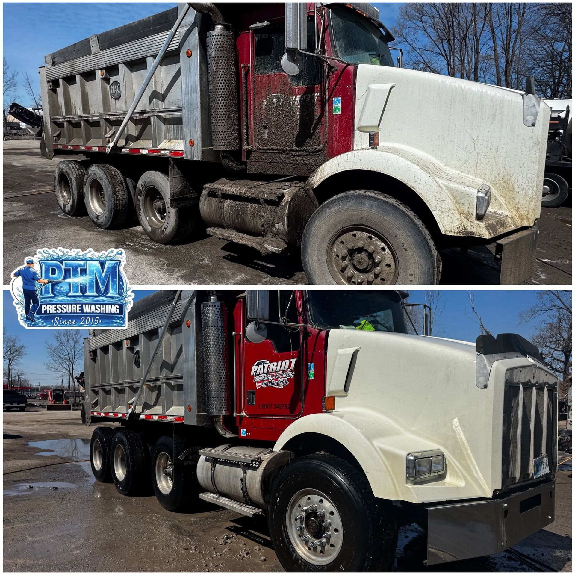 Two views of a white-and-red dump truck on a muddy lot, side and front angles.