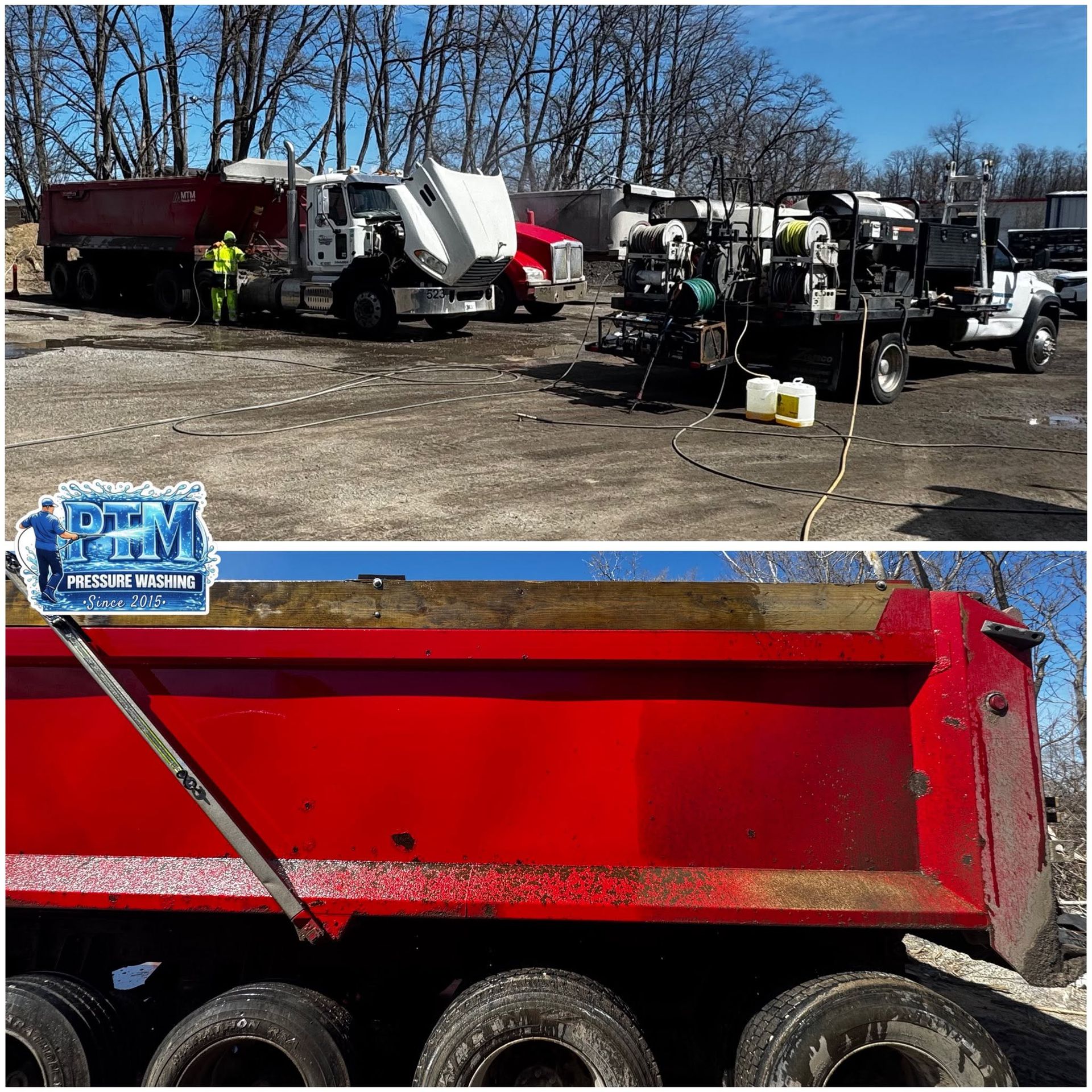 Workers and dump trucks in a yard, with a close-up of a red dump truck bed below.