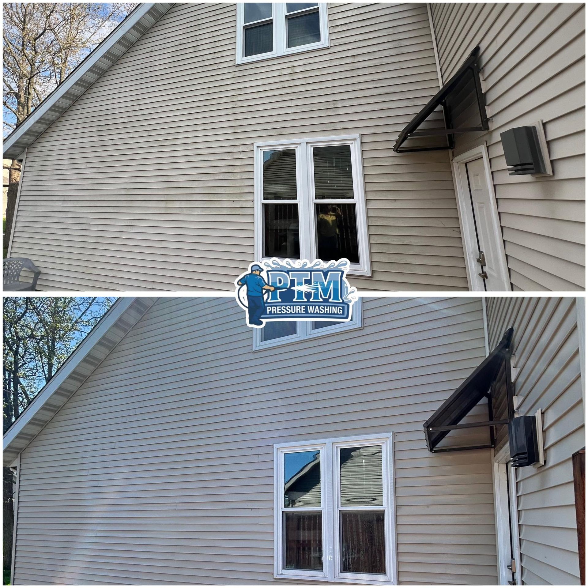 Before-and-after view of a house siding and window repair beneath a black awning.