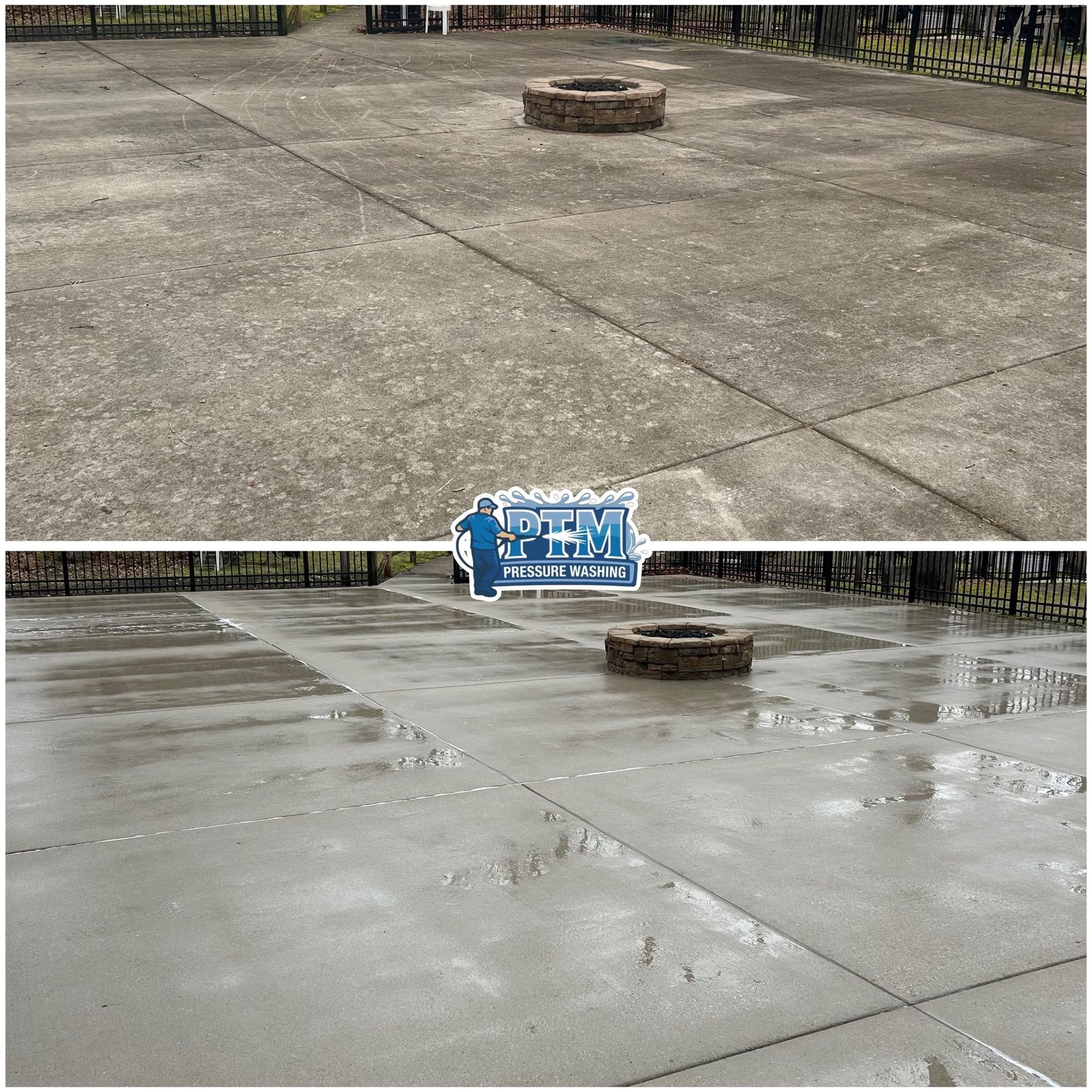 Wet concrete patio before-and-after view, with a small raised circular brick feature centered near the back.