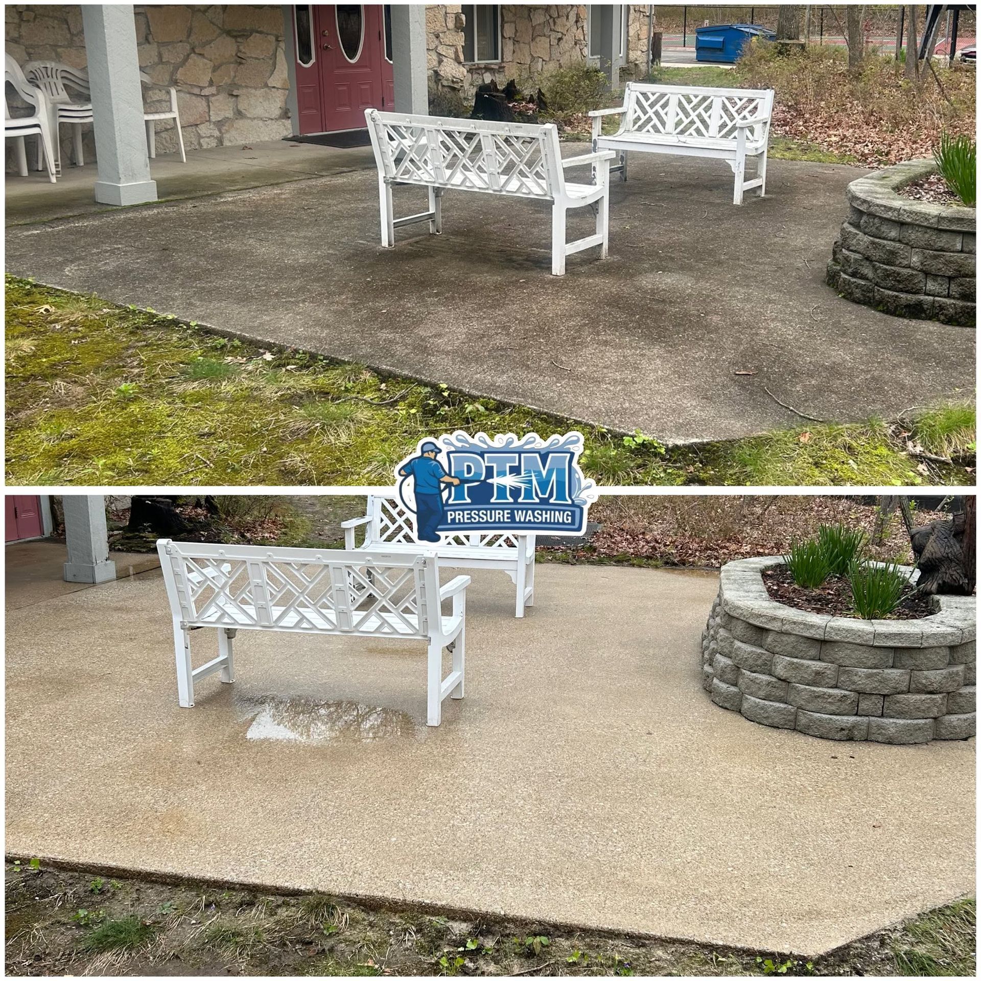 Before-and-after patio view with white benches and a stone planter, showing gravel replaced by smooth concrete.