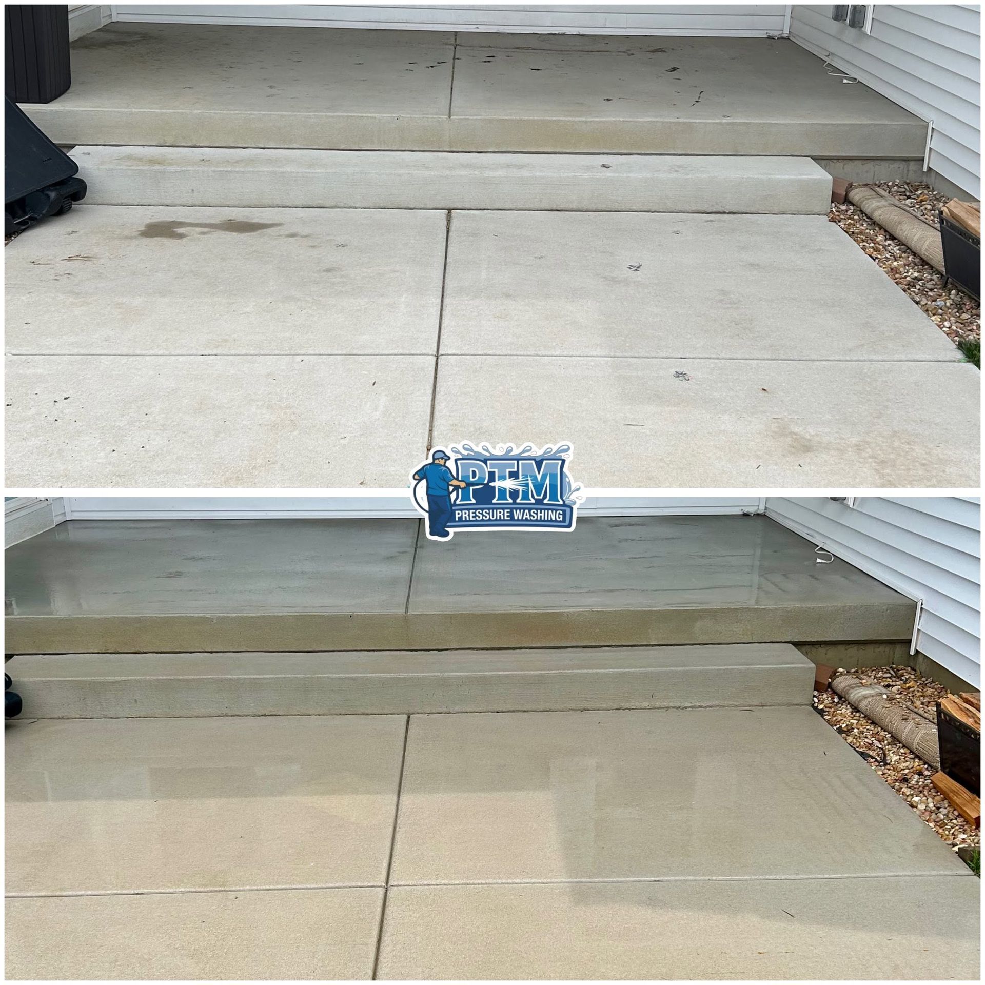 Before-and-after view of a concrete porch step and walkway, showing cleaned and stained surfaces.