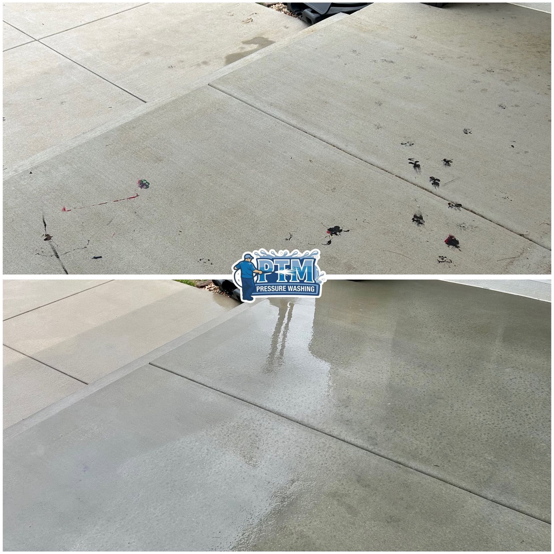 Concrete sidewalk before and after pressure washing, showing a cleaner wet surface on the right.
