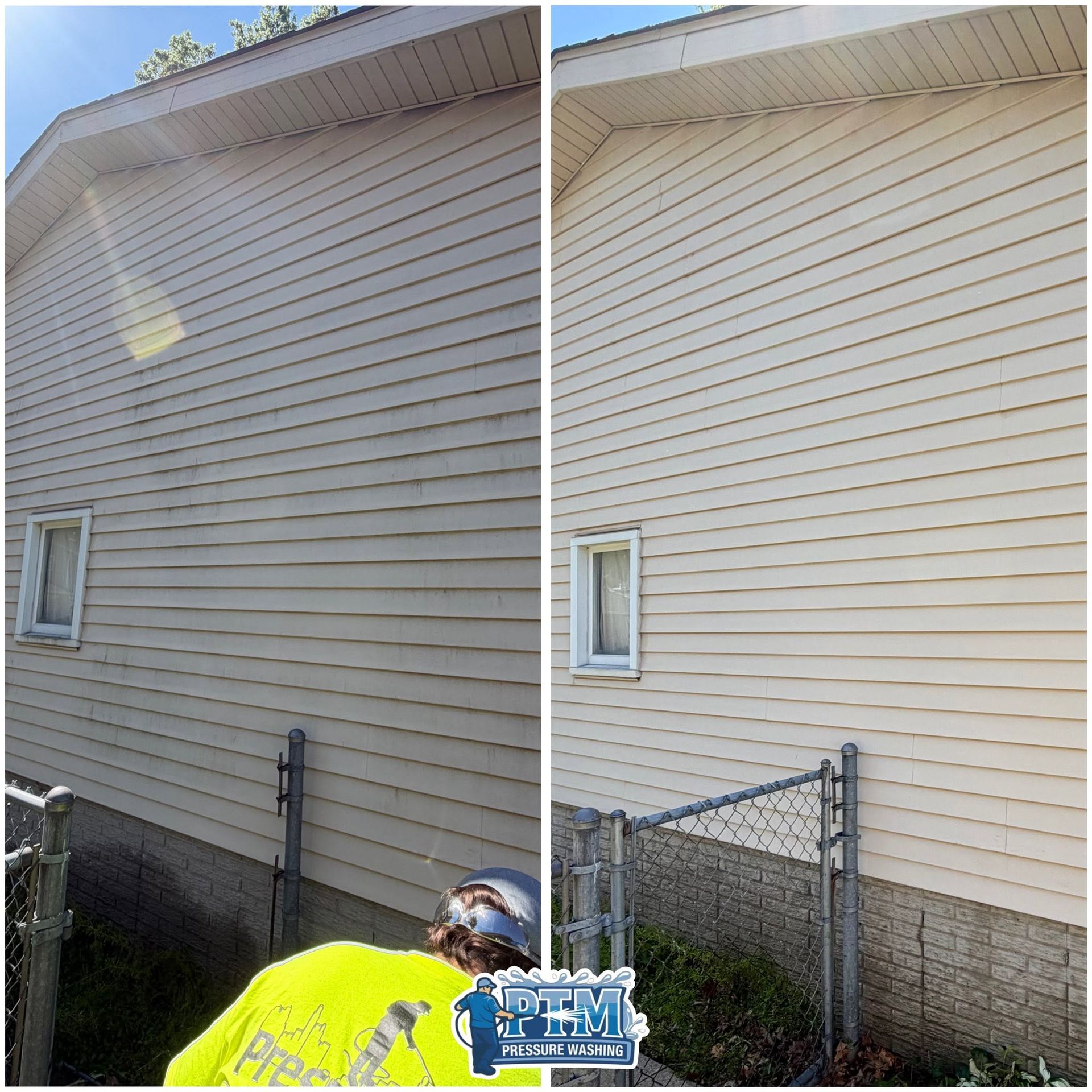 Side-by-side house siding cleaning: before-and-after beige wall with a worker in a neon jacket at the bottom right.