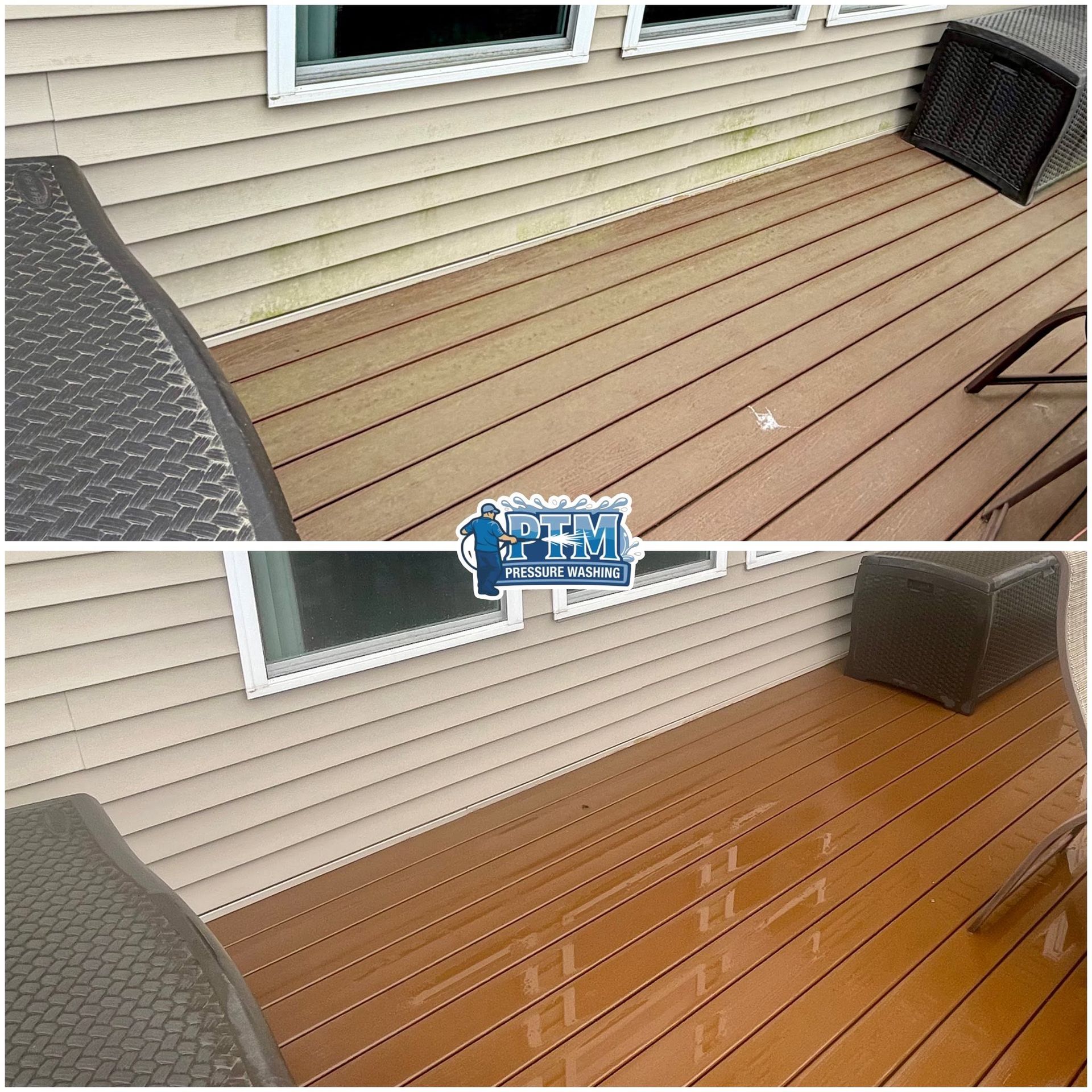 Before-and-after view of a tan deck being cleaned, with wet, darker boards on the bottom.