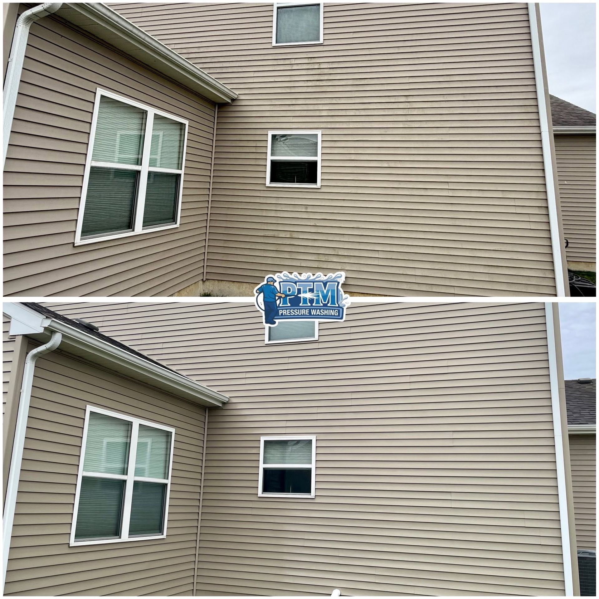 Split view of a beige house exterior with windows and blue siding sign