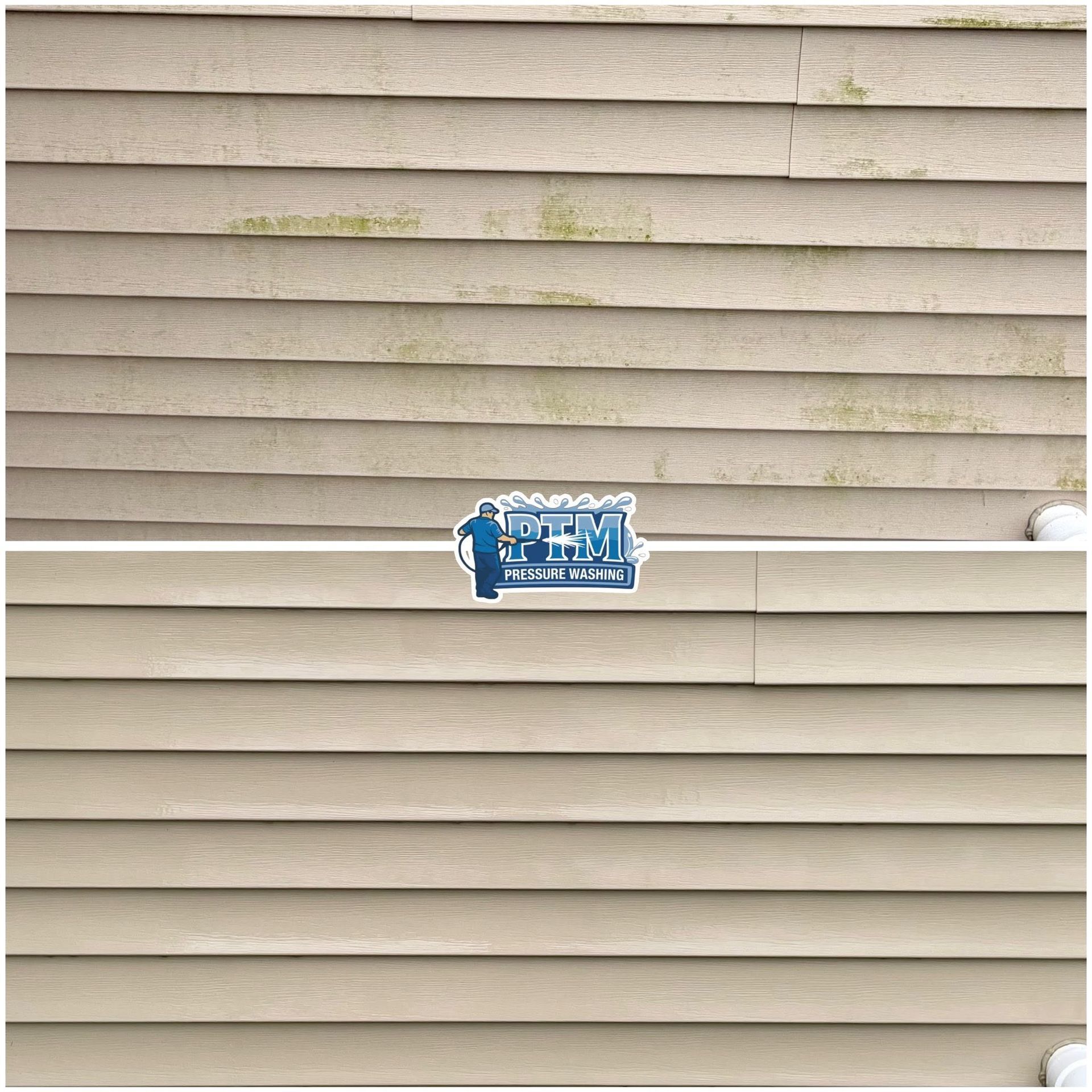 Beige house siding with a small blue security alarm sign centered on the wall