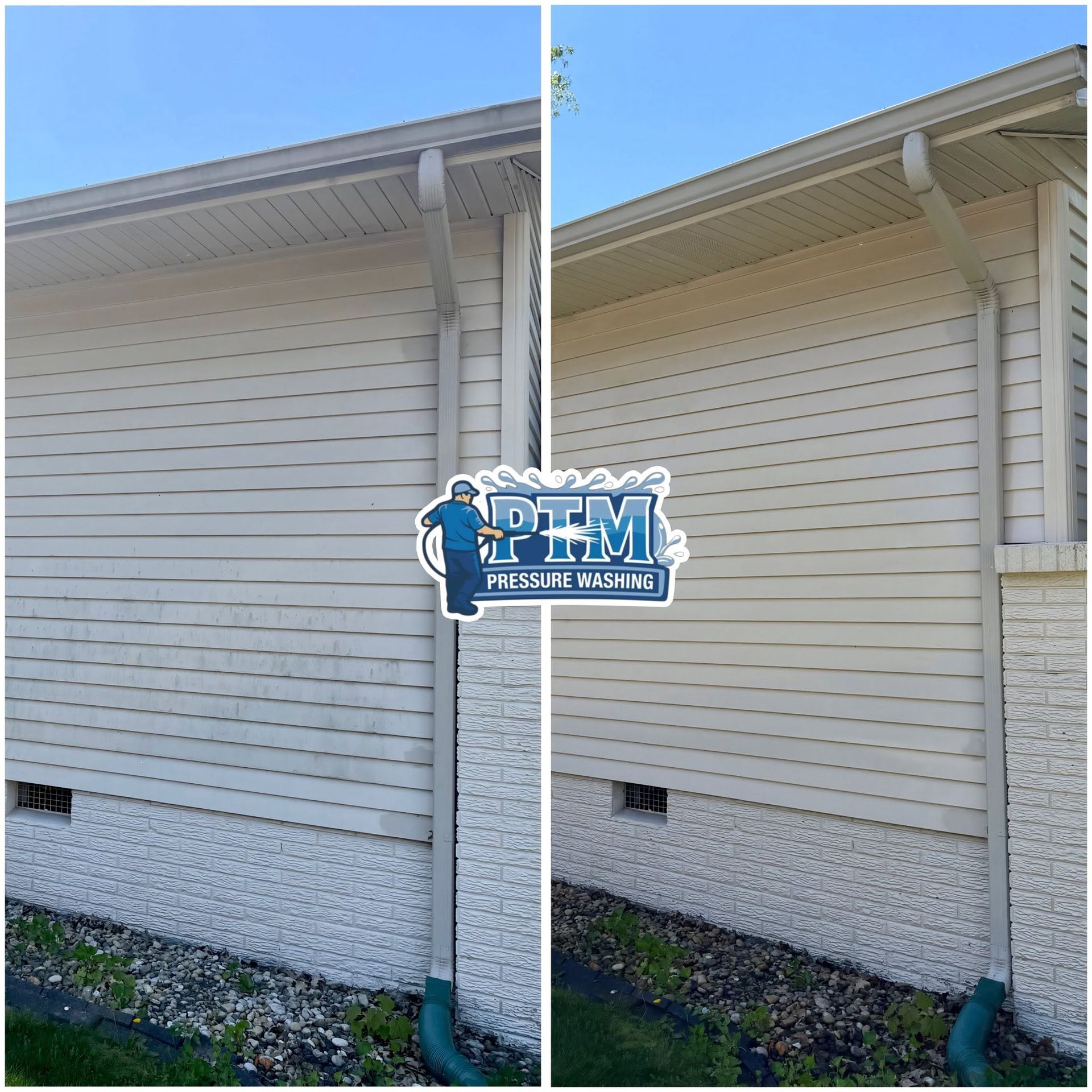 Split view of beige house siding and soffit, showing exterior trim before and after cleaning.