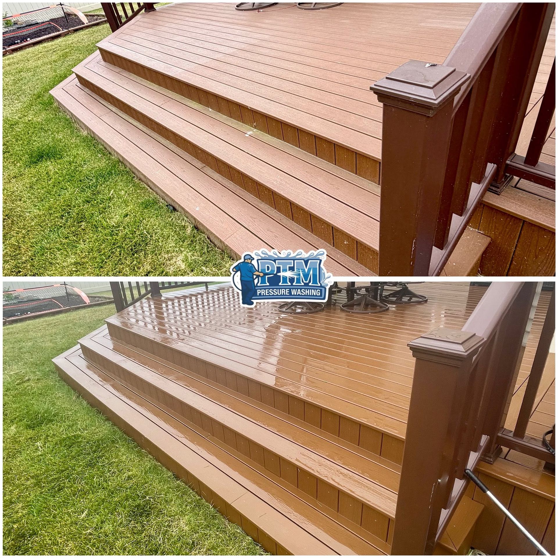 Split before-and-after of a brown wooden deck staircase with cleaned and dirtier surfaces.