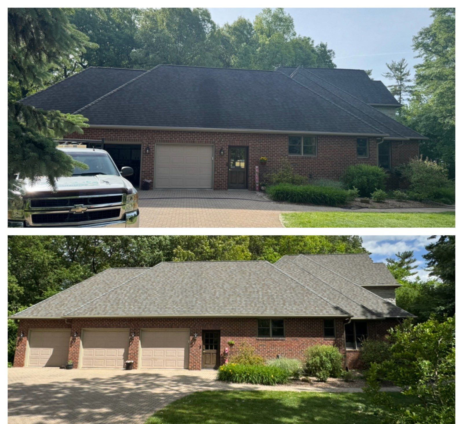 Before-and-after view of a brick house: dark roof on top, lighter roof below, with driveway and parked car.