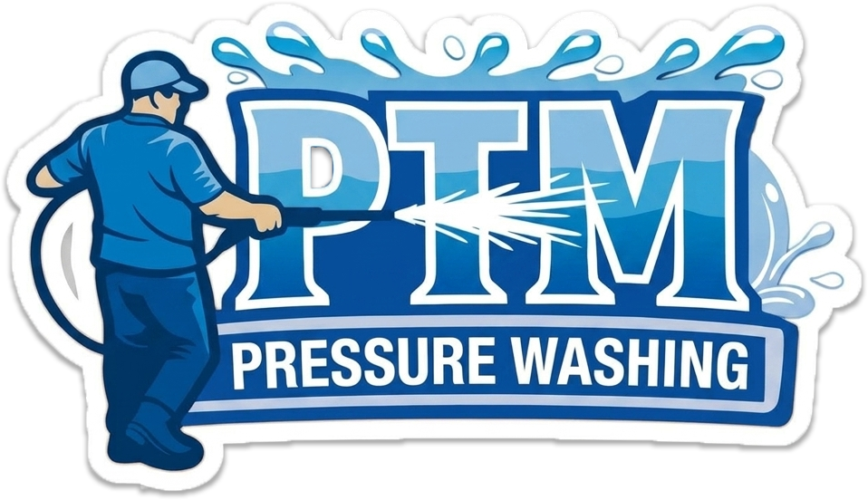 PTM Pressure Washing logo with a blue worker spraying water over bold blue text