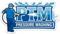 PTM Pressure Washing logo with a blue worker spraying water over bold blue text