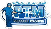 PTM Pressure Washing logo with a blue worker spraying water over bold blue text