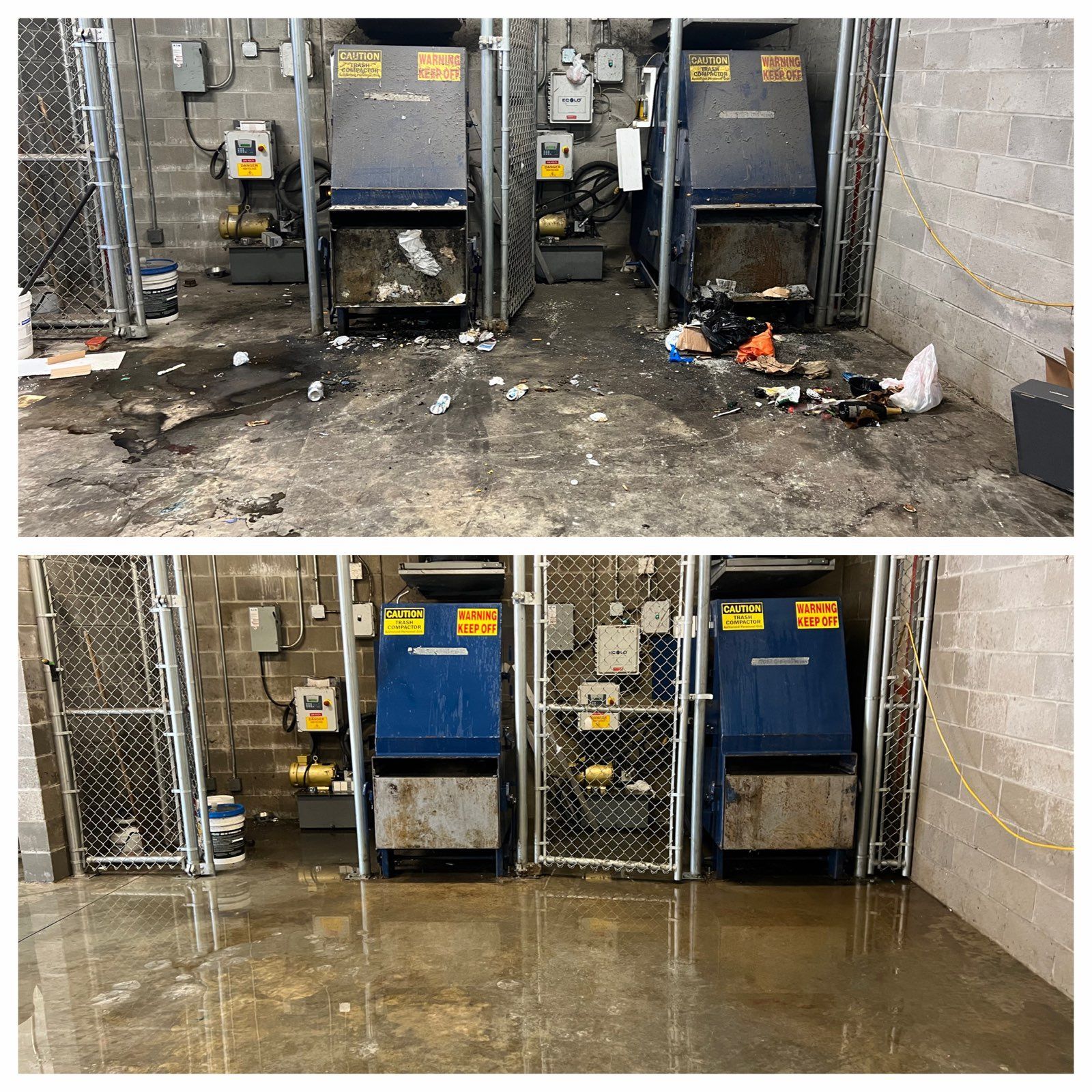 Before-and-after view of a dirty utility area cleaned, with three industrial machines against a chain-link fence.