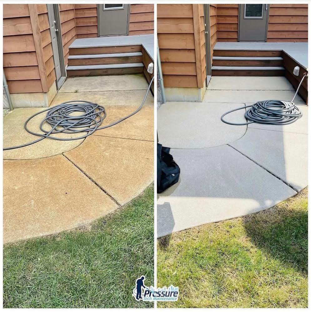 Before-and-after patio pressure washing: dirty concrete beside a house cleaned to bright white.