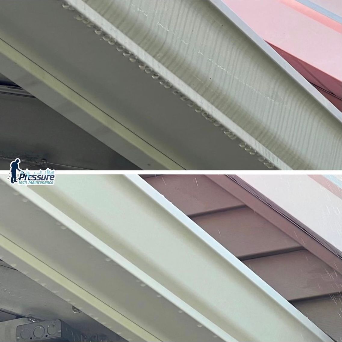 Close-up of angled metal beams and roof panels in gray, white, and pink.