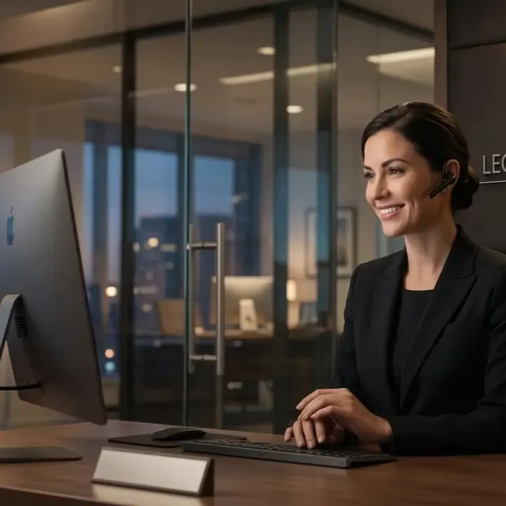 A professional wearing a headset smiles while working at a computer in a modern, glass-walled office at dusk.