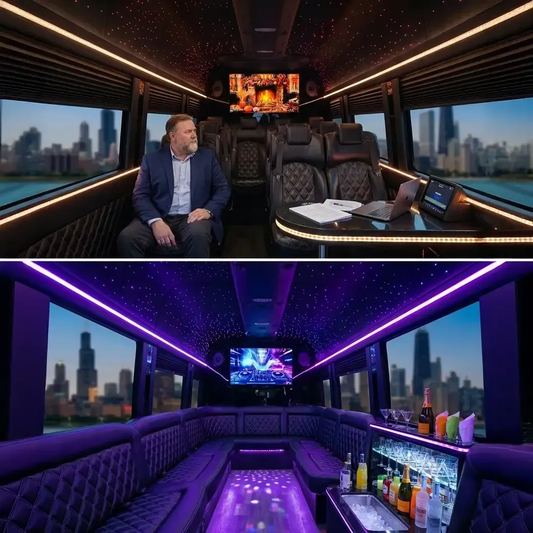 Two luxury bus interiors with city of Chicago views. One has a man sitting. Both have mood lighting and TVs.