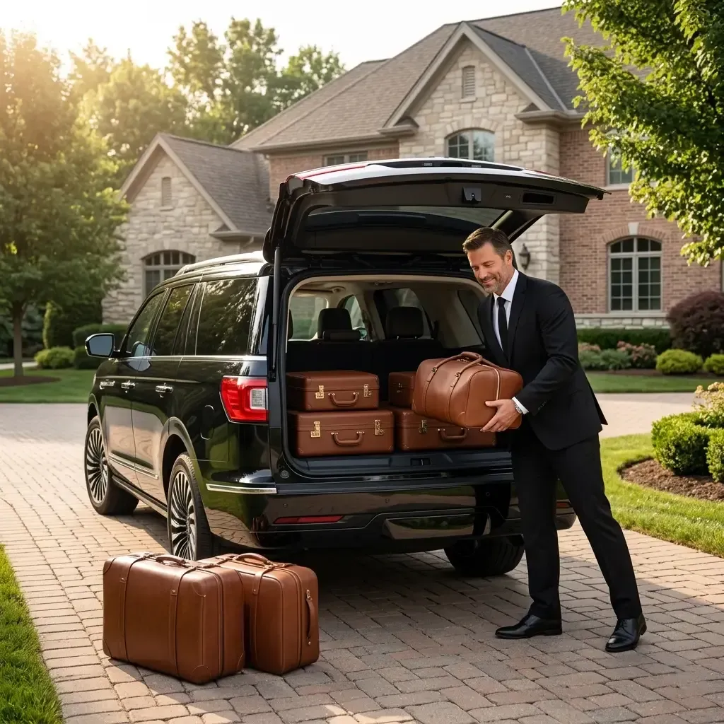 A chauffeur loads suitcases into the open trunk of a black SUV in a stone-paved driveway in Highland Park.