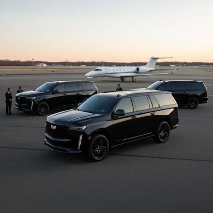 Three black Cadillac Escalades parked on an airport tarmac in front of a private jet with personnel standing nearby.