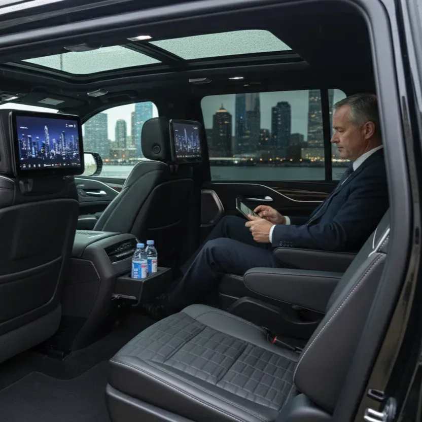 A Executive sitting in the back of a luxury SUV, looking at a digital tablet with monitors visible on seatbacks.