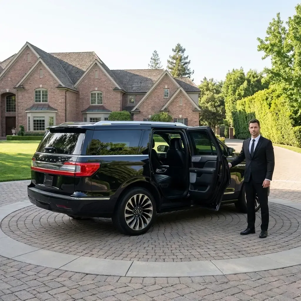 A chauffeur in a suit stands by a black luxury SUV with its door open in front of a large brick house in Campton Hills.
