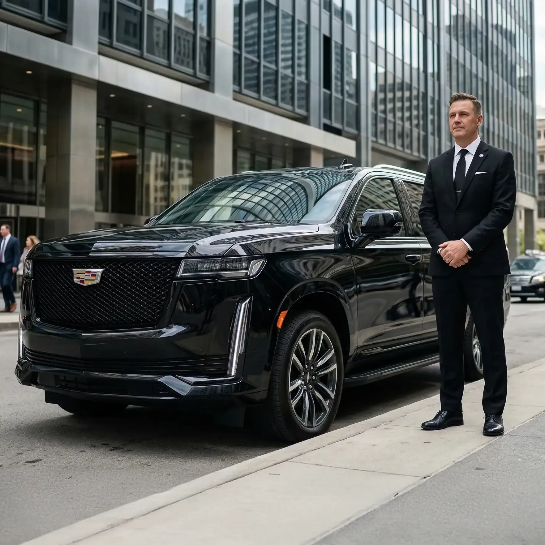 Chauffeur in suit stands beside a black Cadillac Escalade on a city of Chicago street.