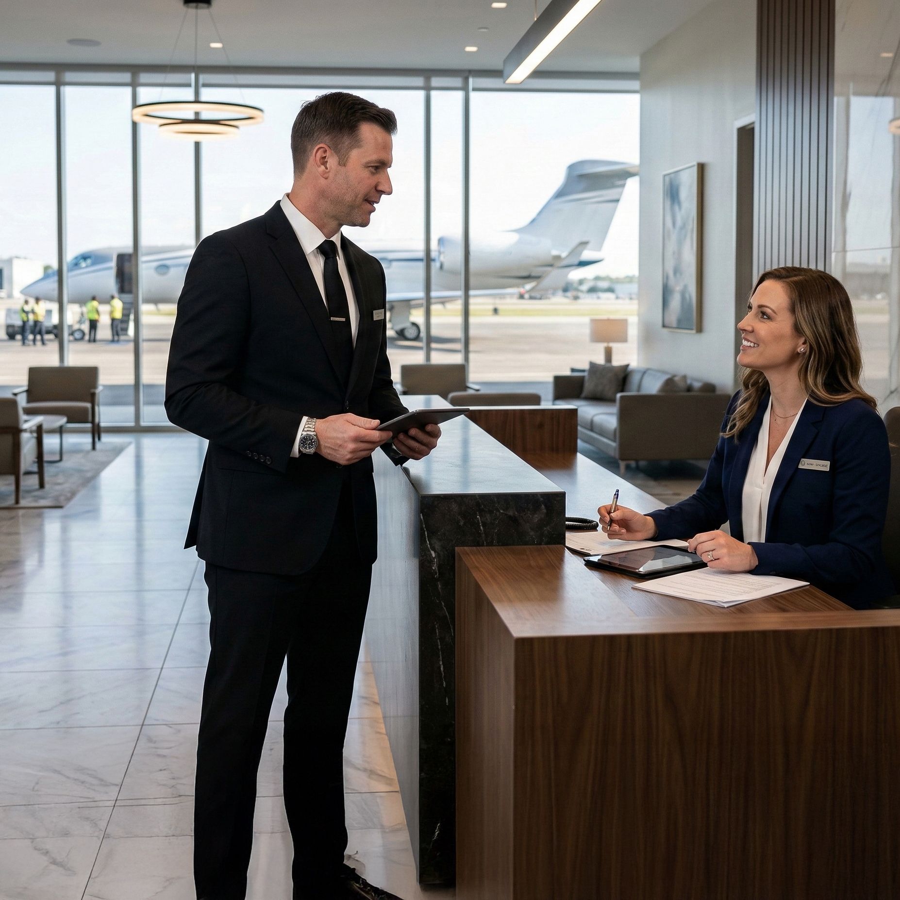 Chauffeur and woman at an FBO reception desk with a private jet visible through the window.
