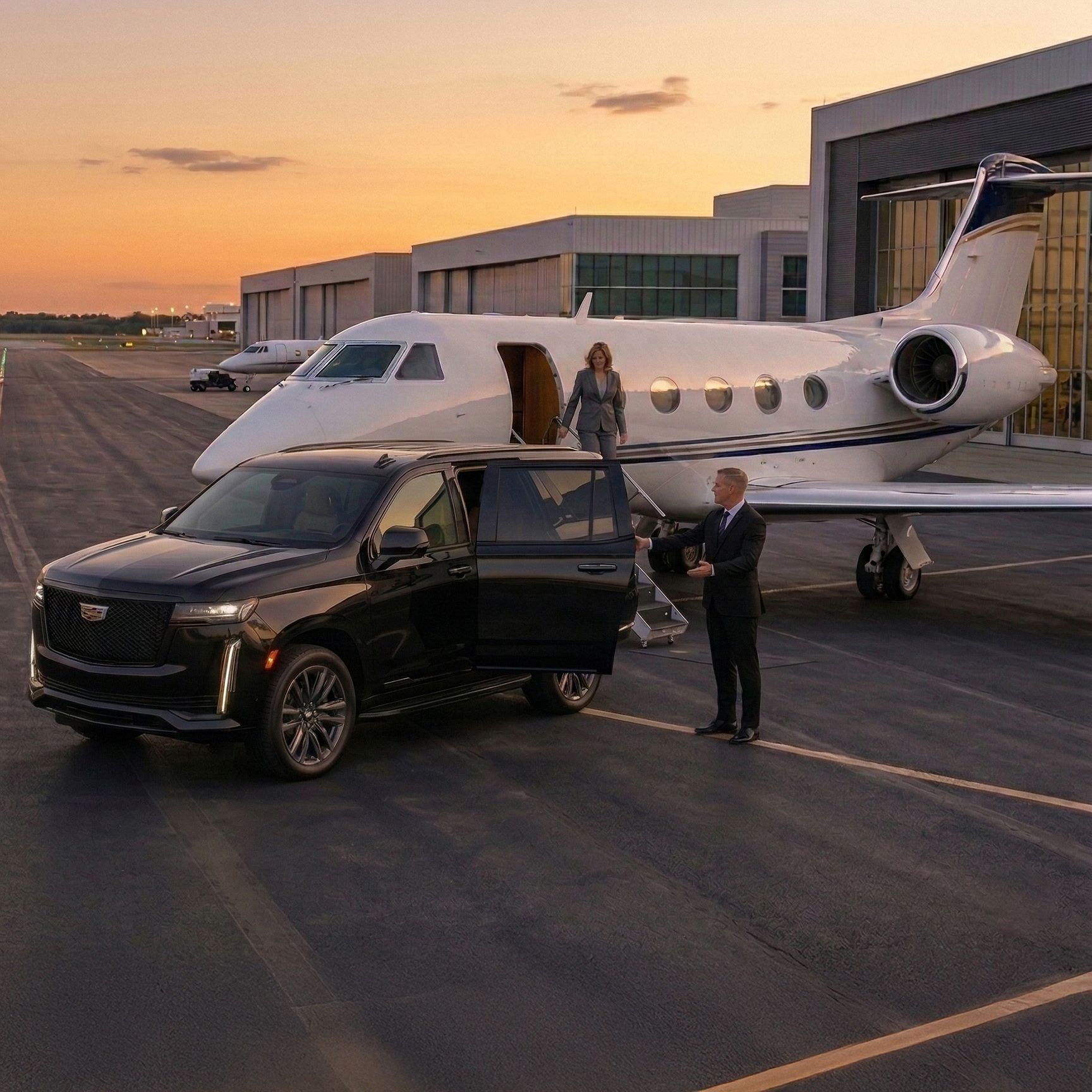 A person exits a private jet at a FBO while a chauffeur waits beside a black Cadillac SUV at sunset.