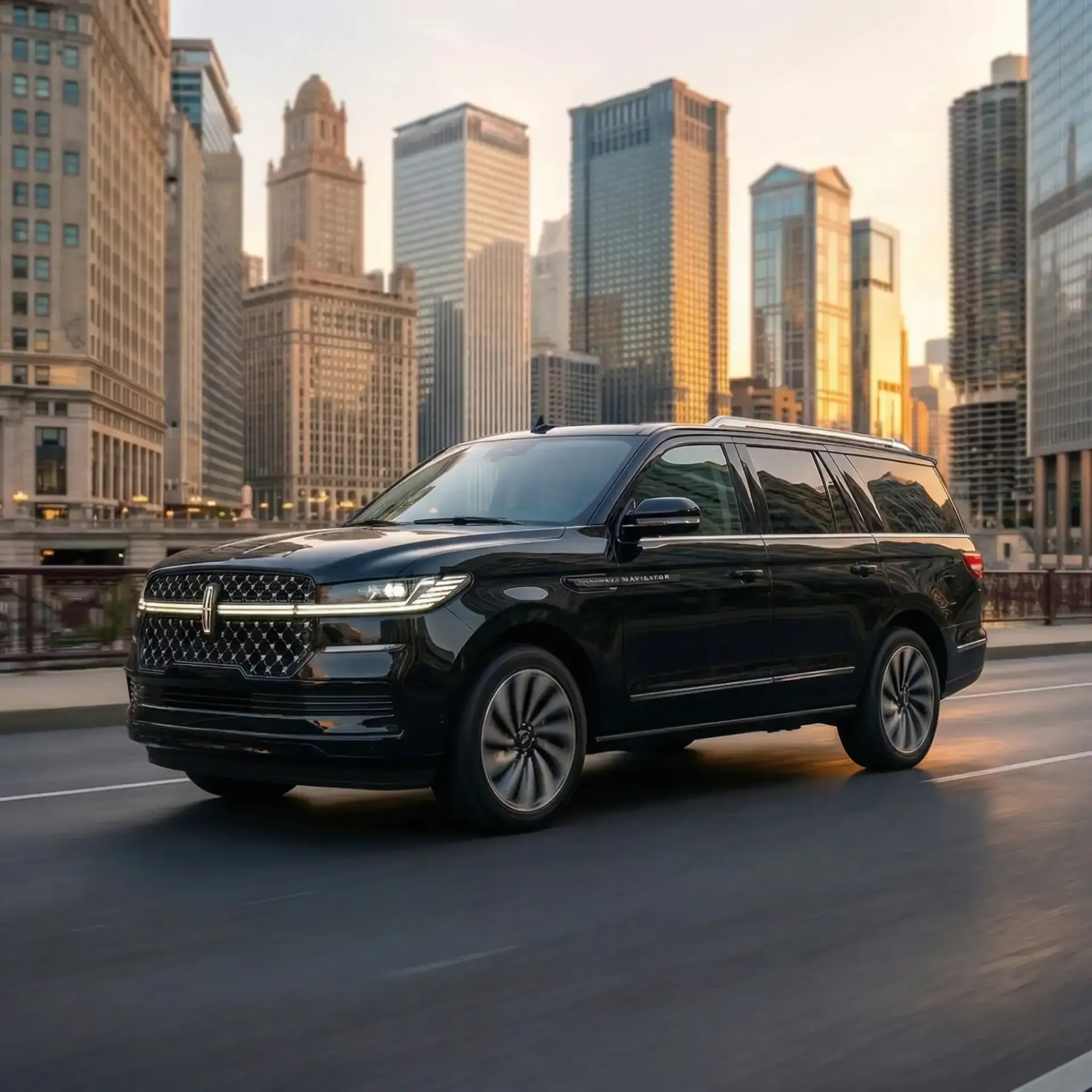 Black Lincoln Navigator SUV driving down Wacker Drive in Chicago with skyscrapers in the background.