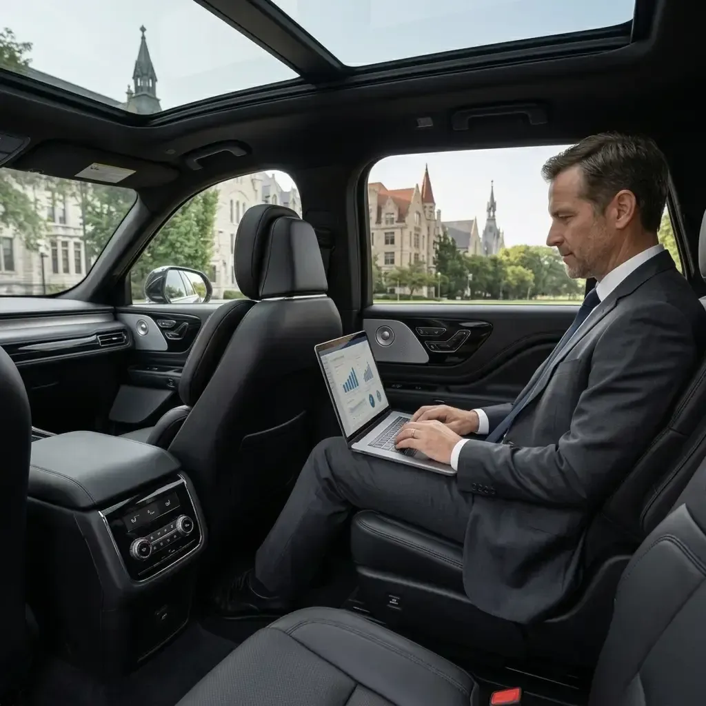 A professional works on a laptop in the back seat of a modern vehicle with a panoramic sunroof and city views outside.