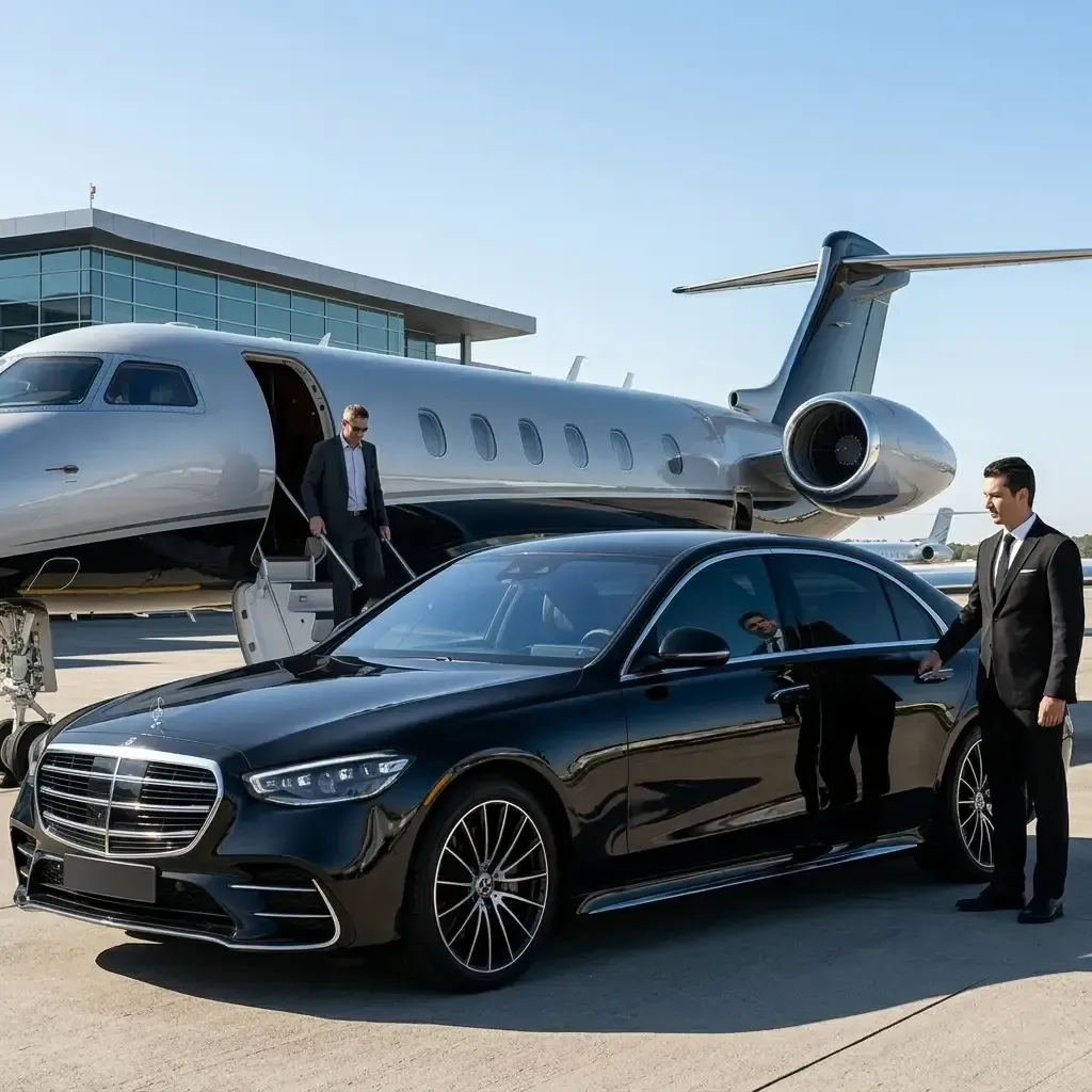 A chauffeur in a suit opens the door of a black luxury Mercedes-Benz sedan for a passenger exiting a private jet.