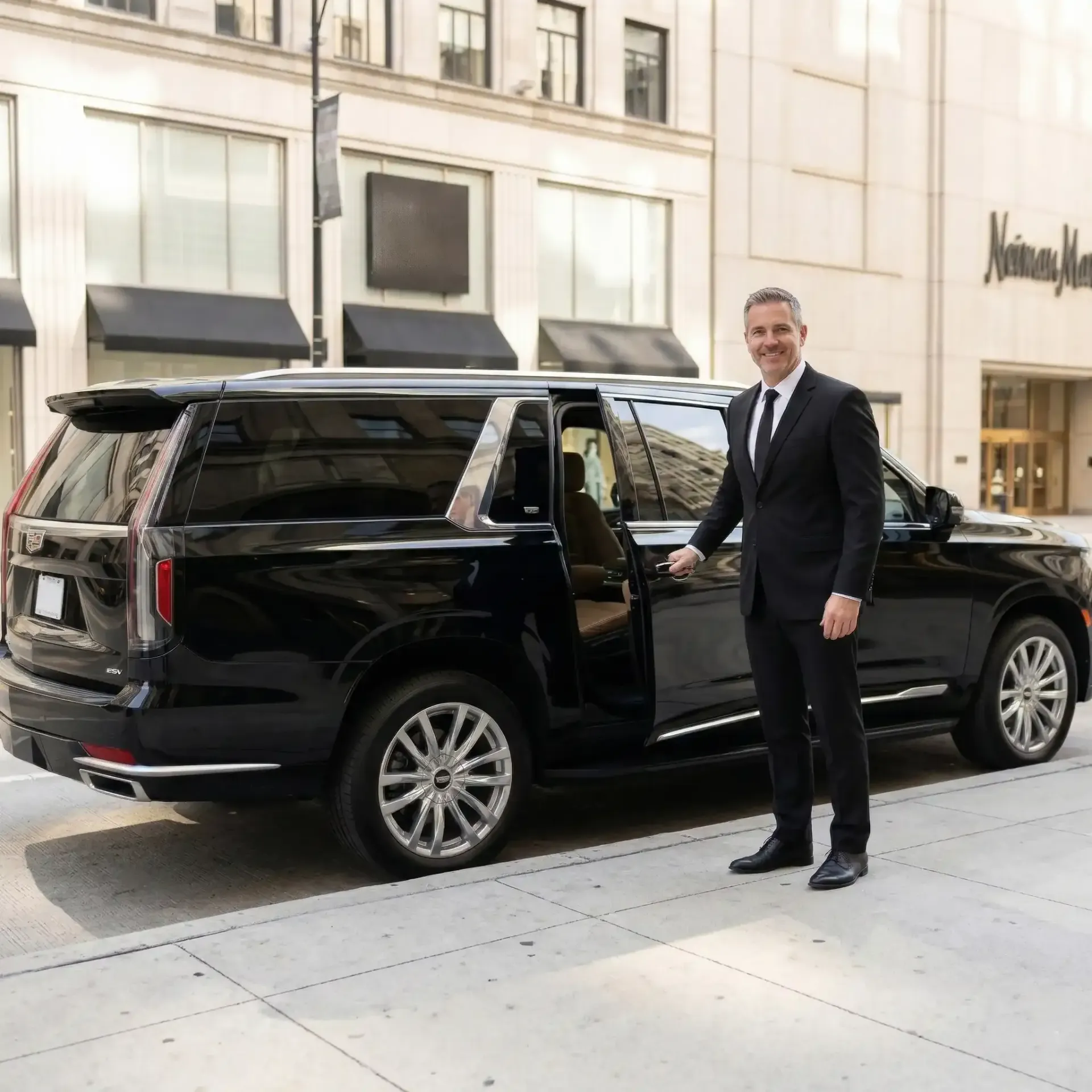 A Chauffeur stands by an open door of a black Cadillac SUV on a Chicago sidewalk in front of a building.