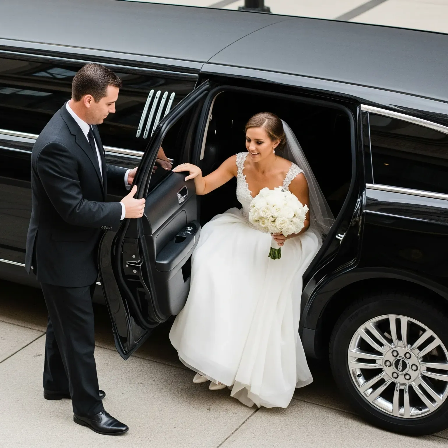 A person in a wedding dress holding a bouquet exits a black limousine as an Chauffeur holds the door open.