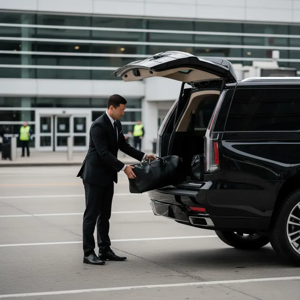 A person in a black suit places a black duffel bag into the open trunk of a black SUV outside a Chicago Airport.