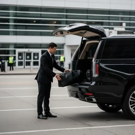 Man in suit loading luggage into the trunk of a black SUV outside a Chicago airport.