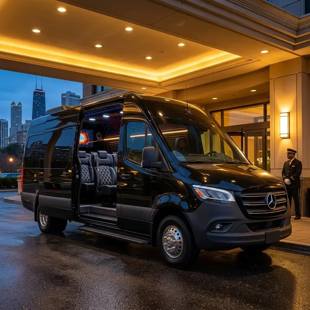 Black Mercedes shuttle van at a hotel entrance at dusk.
